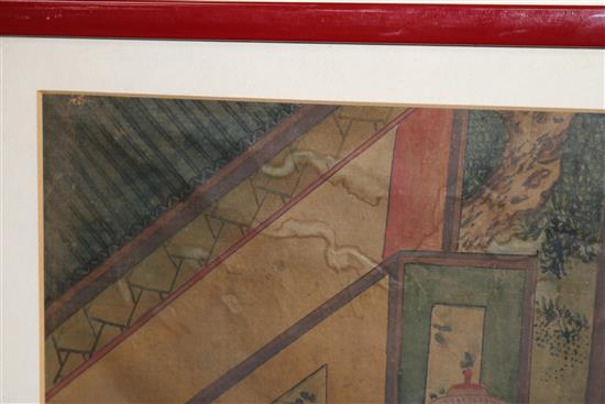 Chinese School, pair of watercolours on silk, Interior scenes, 36 x 32cm